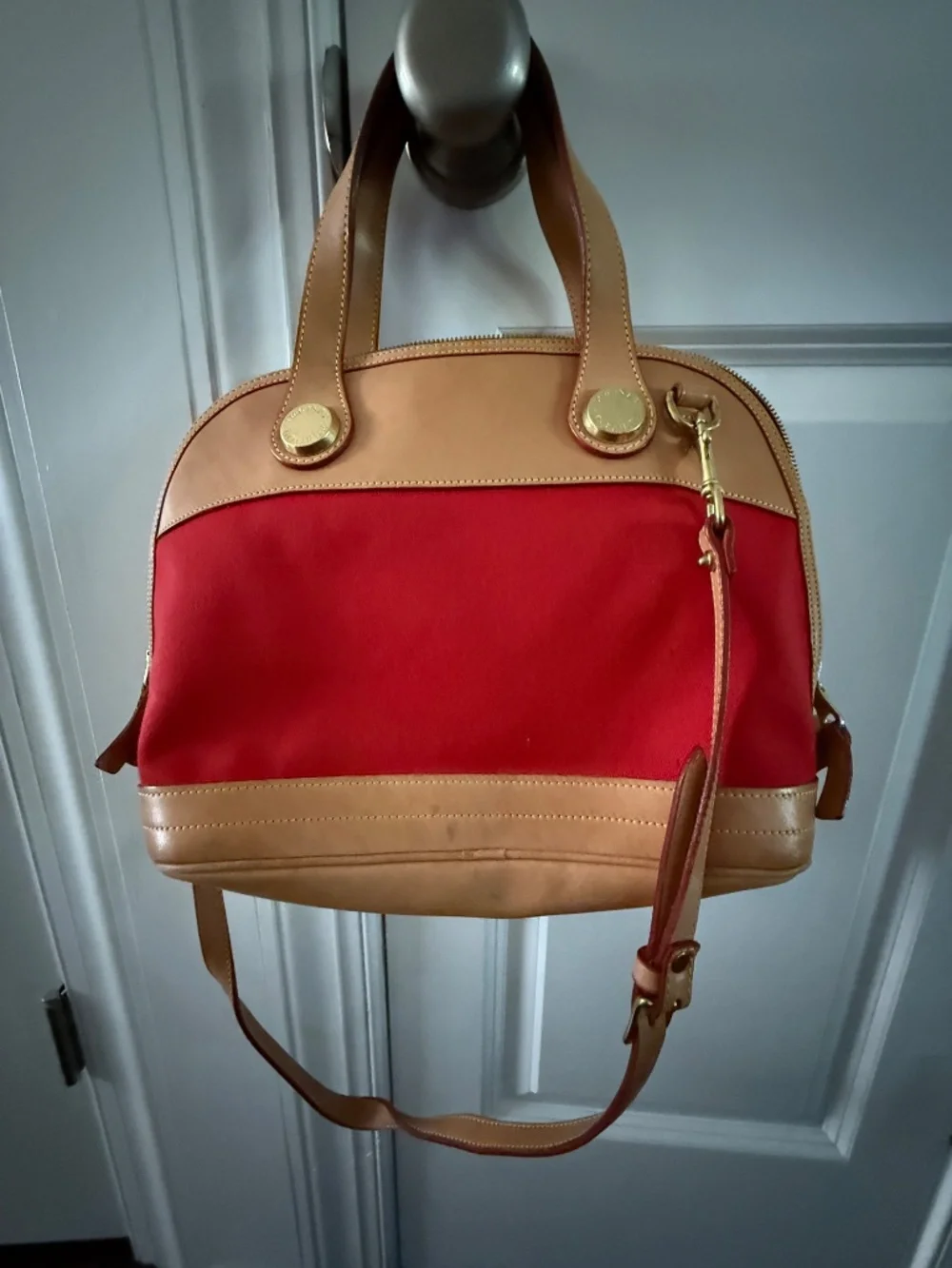 Dooney and Bourke Red Canvas and Tan leather purse. - Picture 2 of 6